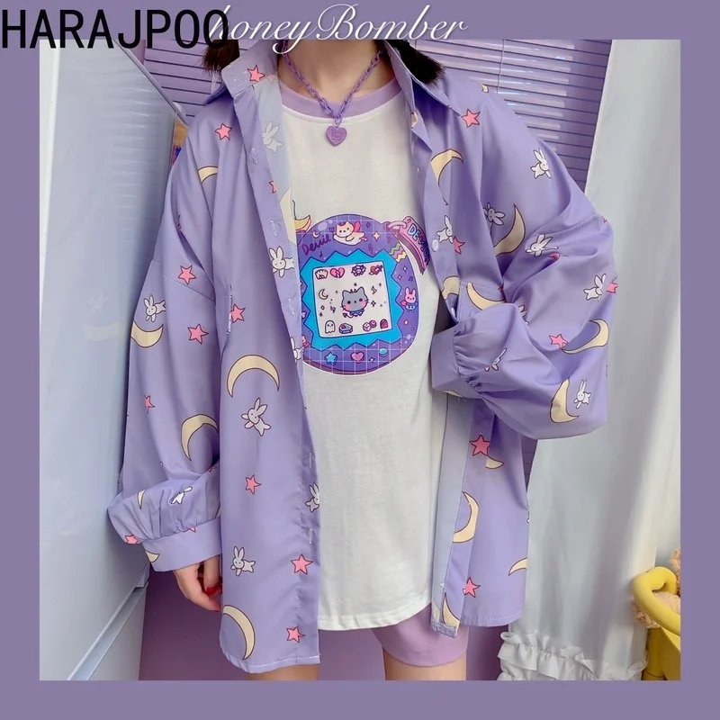 

Женская рубашка Harajpoo с принтом, новинка 2021, фиолетовый Свободный корейский топ в стиле Харадзюку, Y2k топ в стиле «преппи», повседневные студе...