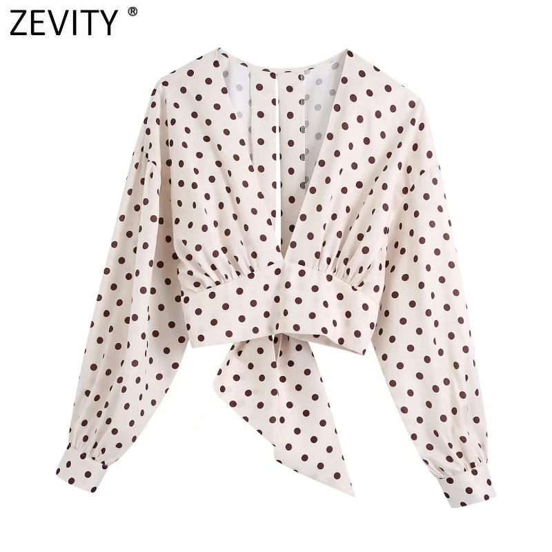 

Zevity Women Fashion V Neck Polka Dots Print Short Satin Smock Blouse Female Back Split Bow Tied Shirts Chic Blusas Tops LS9665