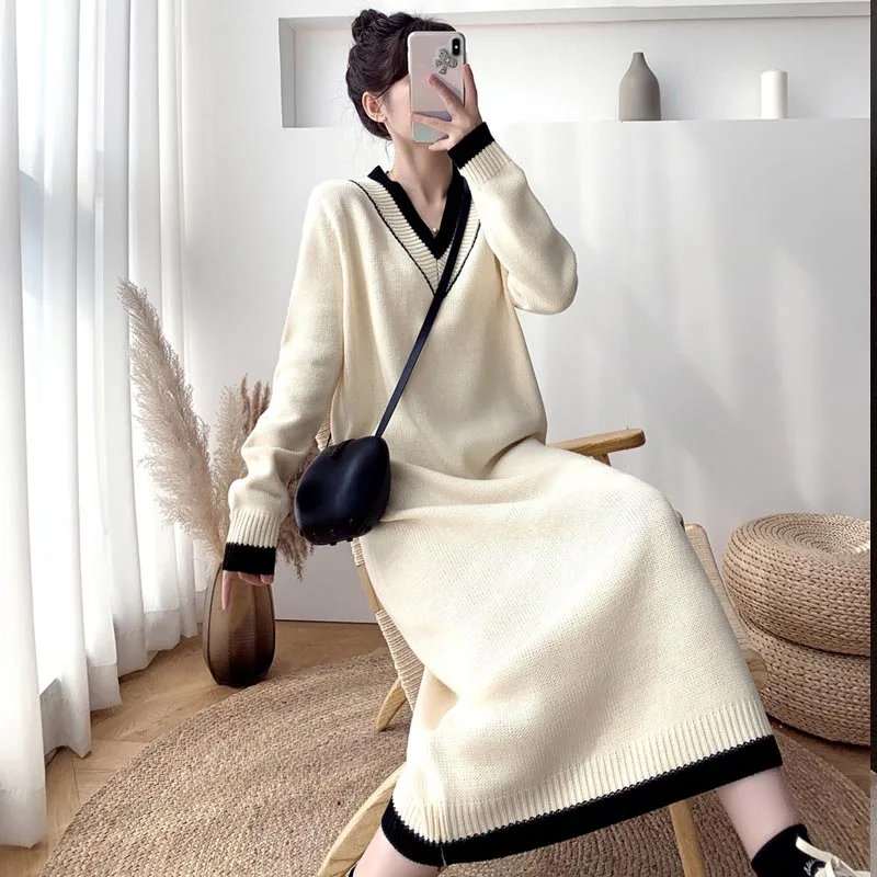 

One-Piece Korea Style 2020 New Women'S Winter Dress Loose V-Neck Sweater Knitting Dress Elegant Temperament Long Sleeve Dresses