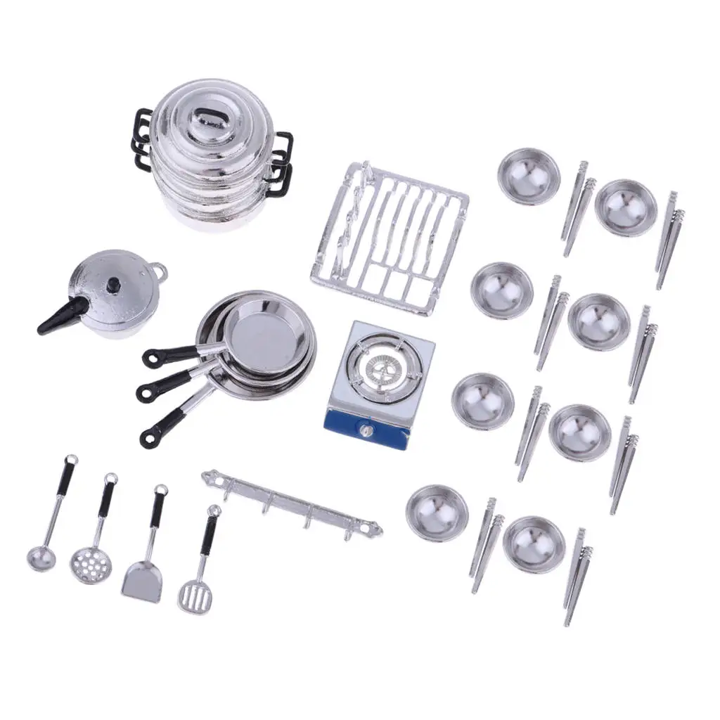 

Кукольная кухонная мебель, набор металлических блюд и посуды, кастрюли и миски