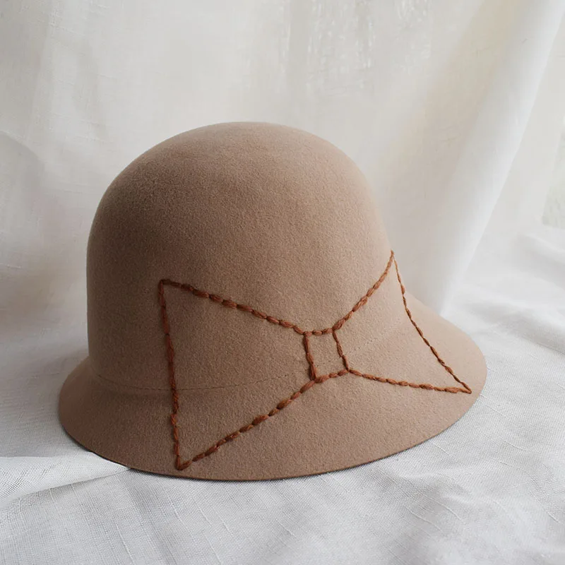 

New Womens Bow Wool Felt Cloche Hats Chapeu Round Bucket Bucket Caps Female Free Shipping BMDW034