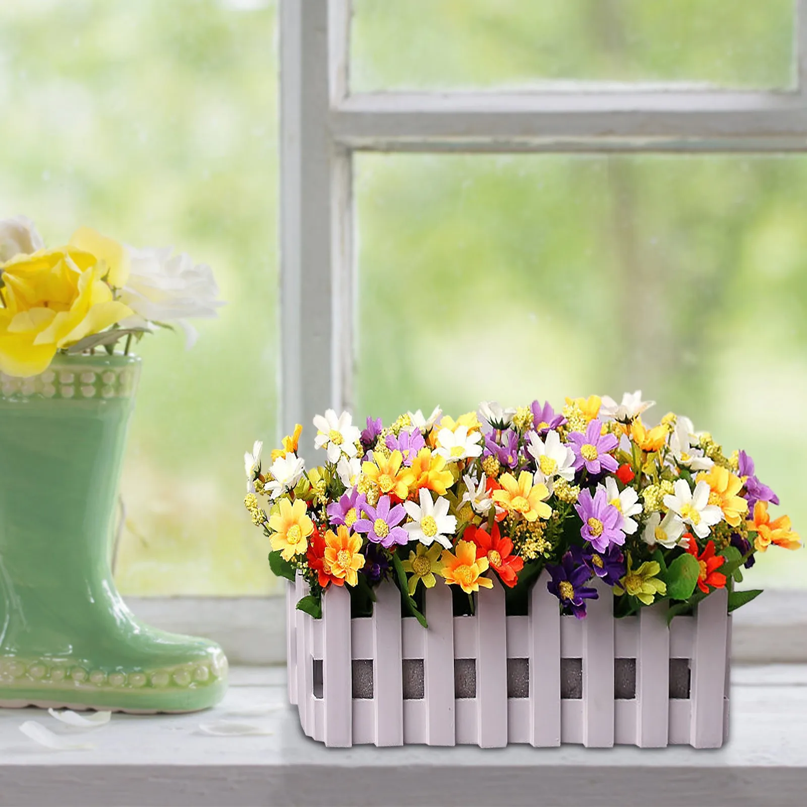 

Artificial Flowers Chrysanthemum With Fence Artificial Plants In Pot Simulation Fake Artificial Potted Bonsai Home Decoration