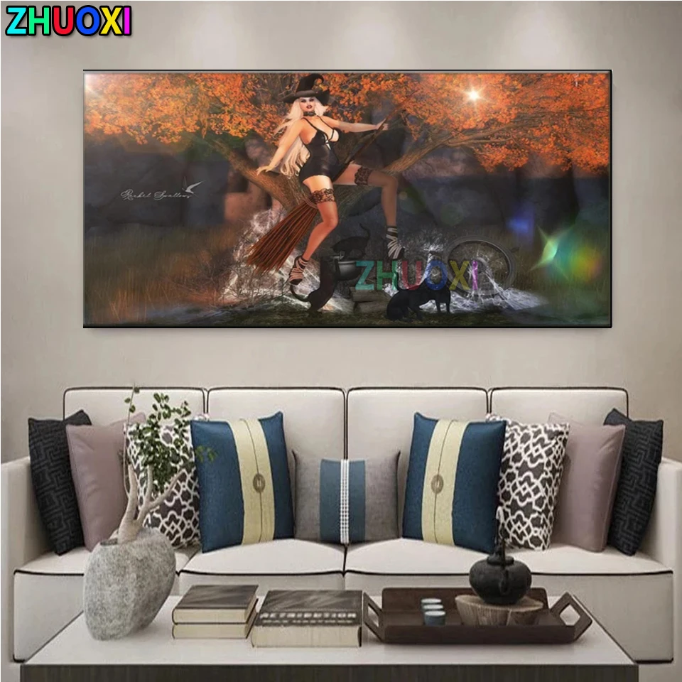 

5D DIY Diamond Painting Witch and her black cat Cross Stitch Full Round/Square Diamond Embroidery Mosaic Pictures Diamond Art