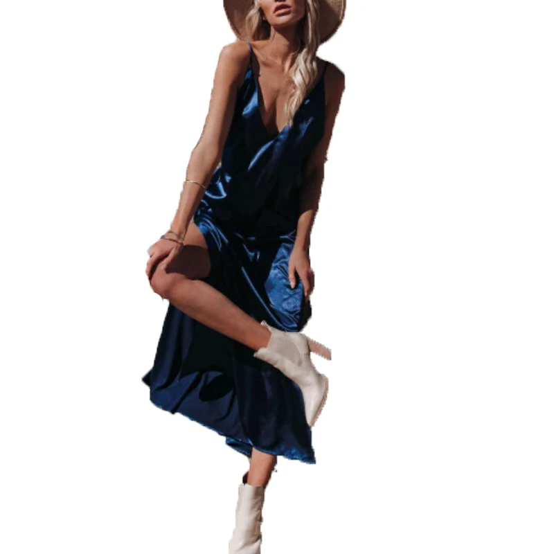 

Летнее платье с глубоким V-образным вырезом и разрезом, соблазнительная ткань из шелкового атласа, с ярким блеском и текстурой, модное и Унив...