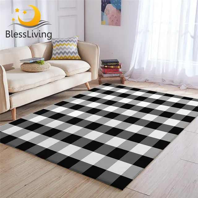 BlessLiving Tartan Large Carpets for Living Room Scottish Pattern Play Floor Mat Chequered Area Rug 122x183 Black White Alfombra 1