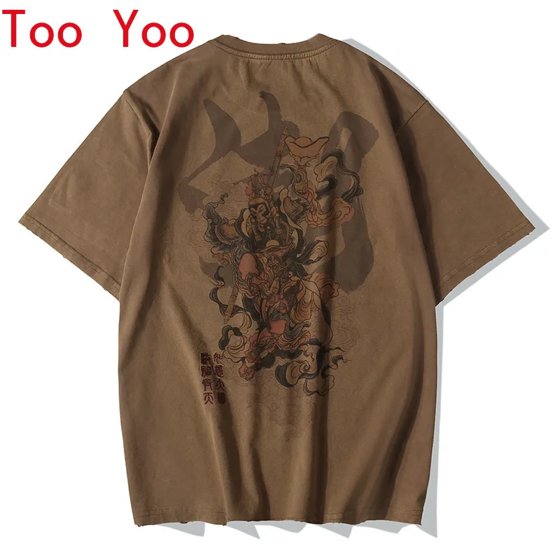 

Summer short sleeve T-shirt men Chinese style embroidery vintage wash water to do old print loose large size half sleeve street