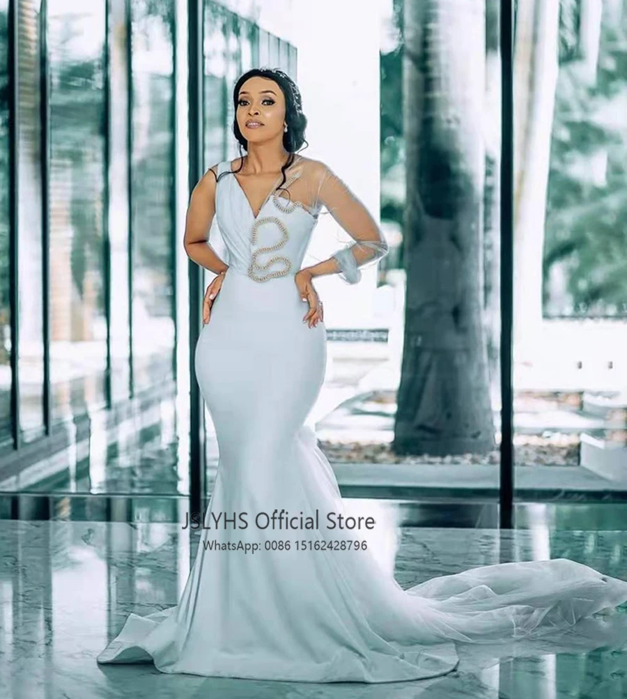 

New Elastic Fabric Mermaid Wedding Dress Female V-Neck Tulle Sexy Diamond Bridal Gowns White Beige Custom Vestidos De Novia