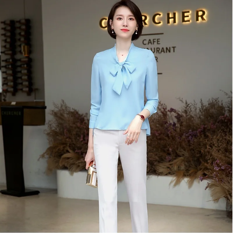 Spring Fall Women Blouse And Pants Sets 2 Pieces OL Styles Fashion Casual Shirt with Bow Tie Formal Professional Suits Trousers
