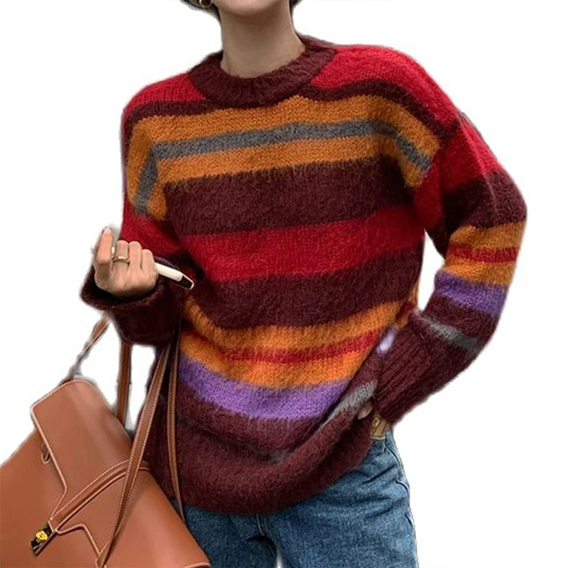 

Мода корейский градиент полосатый свитер женский 2021 зима горячая распродажа Повседневный свободный джемпер цветной контрастный вязаный Т...