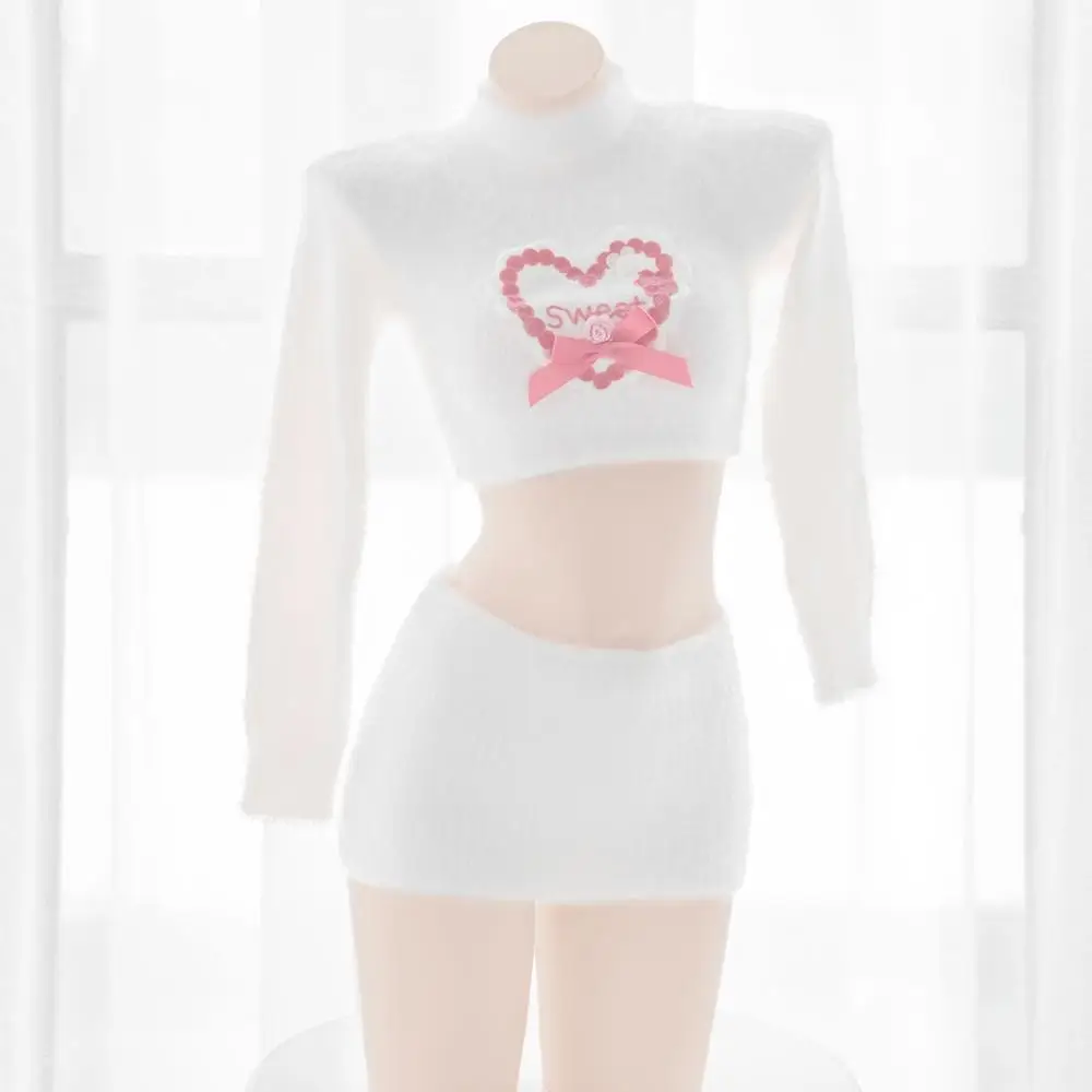 

Lolita Lovely Young Girl Pure White Seahorse Knitted Sweater Sexy Heart Open Chest Long Sleve Tops Miniskirt 2Pcs Underwear Set