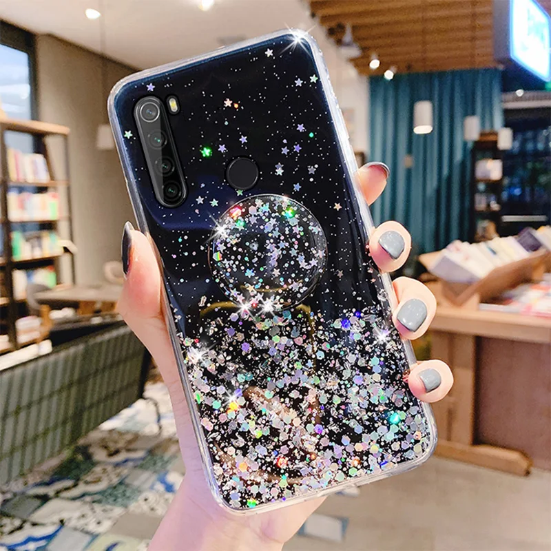 silver foil phone holder case for redmi note 9 9s 8 8t 7 6 5 pro 4 4x 5 9a 9c 8a 7a 6a 5a 10x glitter soft silicone stand cover free global shipping