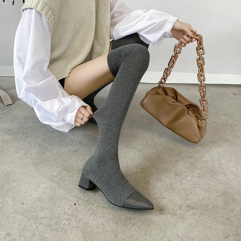

2 Colors Women's Over The Knee Sock Boots 2021 Autum Thick Heel Knitting Sock Boots Pointed Toe Elasitc Slim Botas Mujer