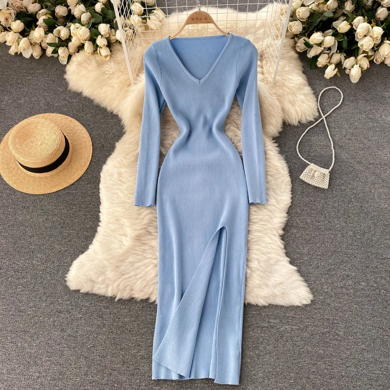 

Elegant Retro knitted Slim dress female autumn temperament V-neck waist hips sexy bodycon Split fork Sheath dress lady vestidos