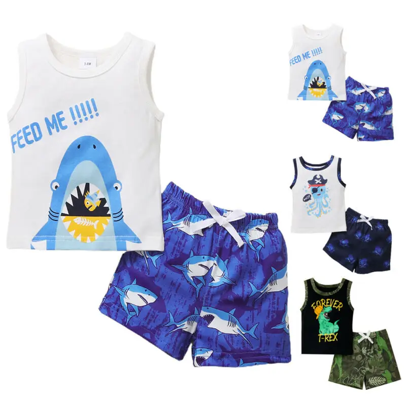 

Kids Sleeveless Suit Summer Black Cartoon Print Round Neck T-shirt Boys Girls Casual Fashion Loose Shorts Sports Two Piece Set