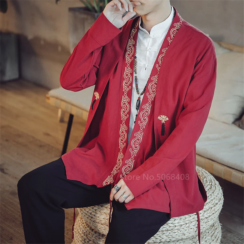 

Kimono Cardigan Men Samurai Costume Embroidery Coat Japanese Style Vintage Full Sleeve Fashion Streetwear Haori Japan Hip Hop