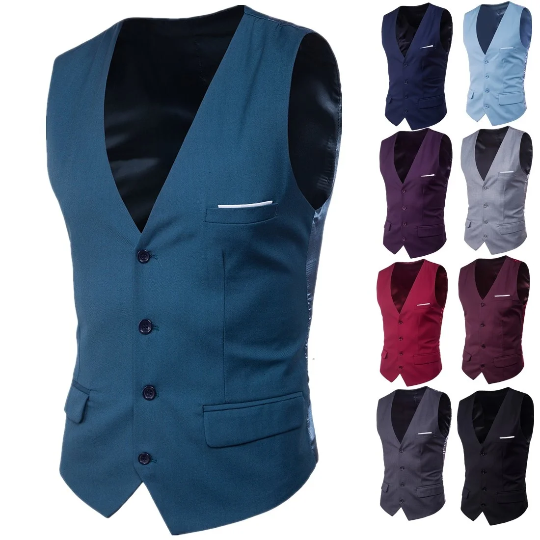 

2021 Fashion New Men's Casual Boutique Business Solid Color Vest / Male Slim V Neck Waistcoat