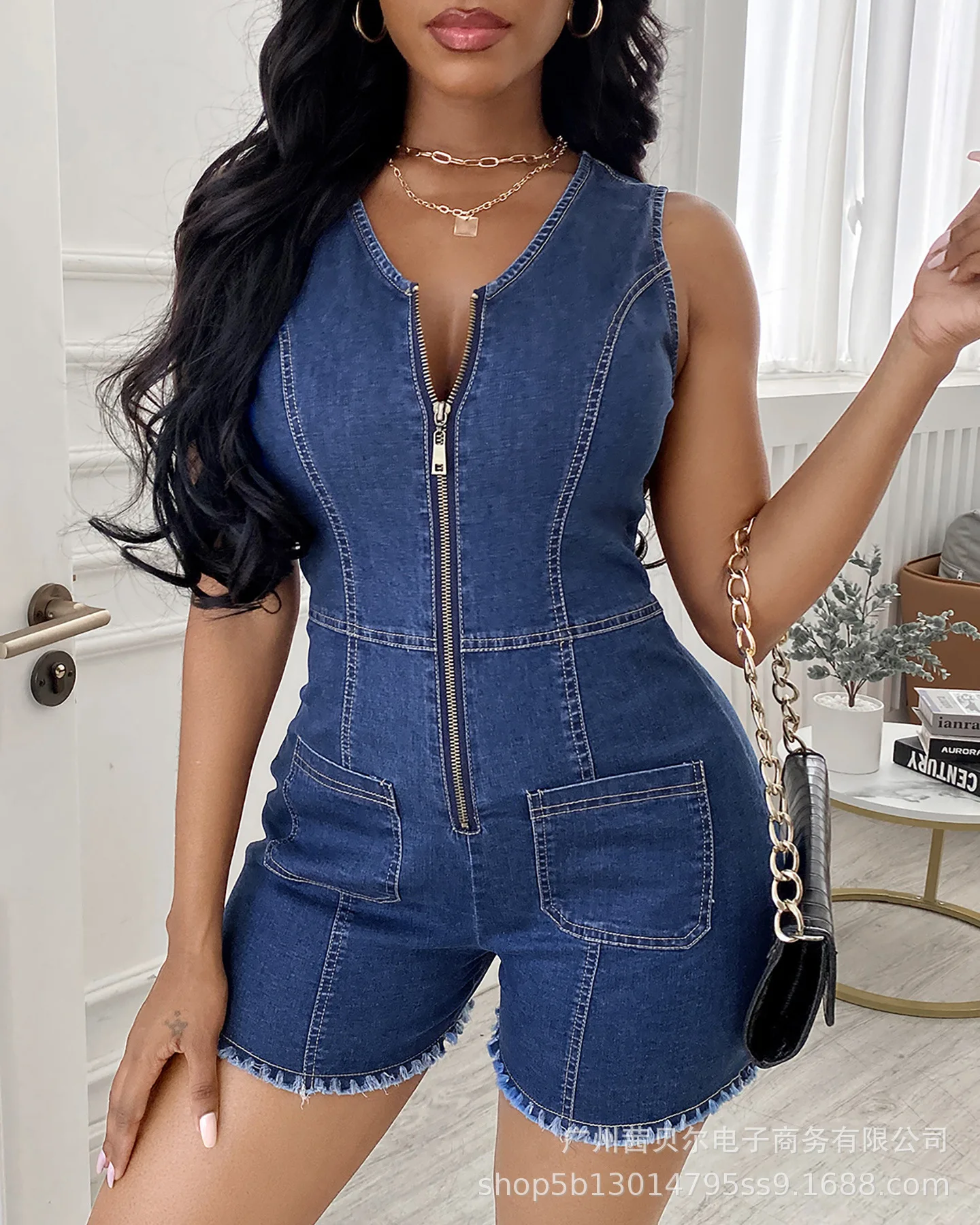 

Women Playsuit New V-neck Zipper Denim Jumpsuit Sleeveless High Waist Slim Fashion Casual Women's Denim Jeans Playsuits
