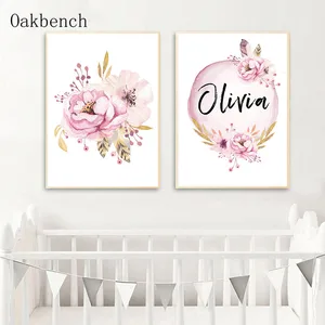 Настенный постер с изображением пионов, с принтом имени на заказ, детский плакат на холсте, настенные картины в скандинавском стиле для украшения комнаты для девочек
