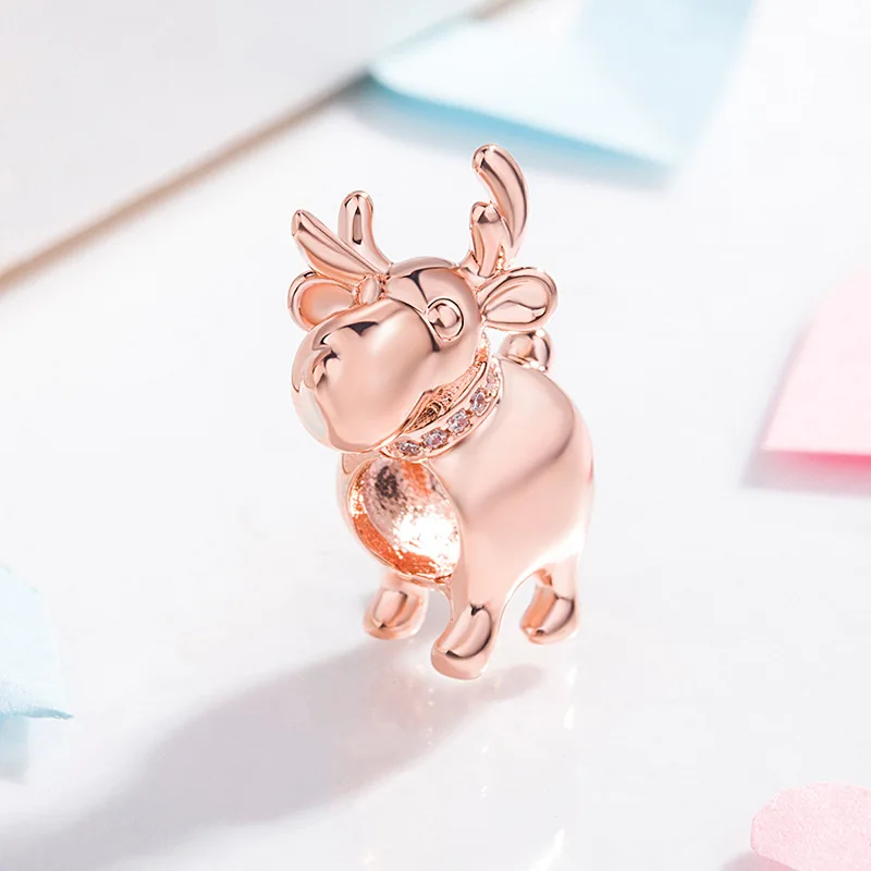 

Genuine 925 Sterling Silver Bead Happy Reindeer Charm, Clear Cz Bead Fit Women pan Bracelet & Necklace Diy Jewelry