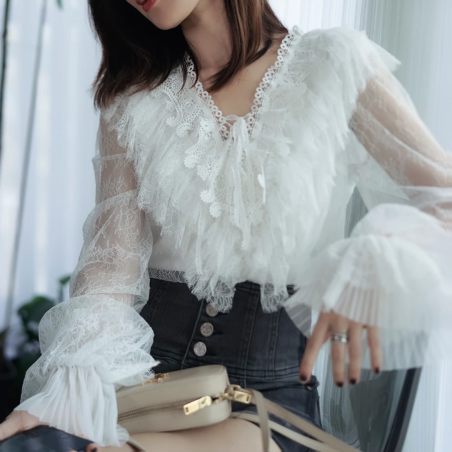 Милая женская кружевная блузка 2019 модная прозрачная с v-образным вырезом длинным