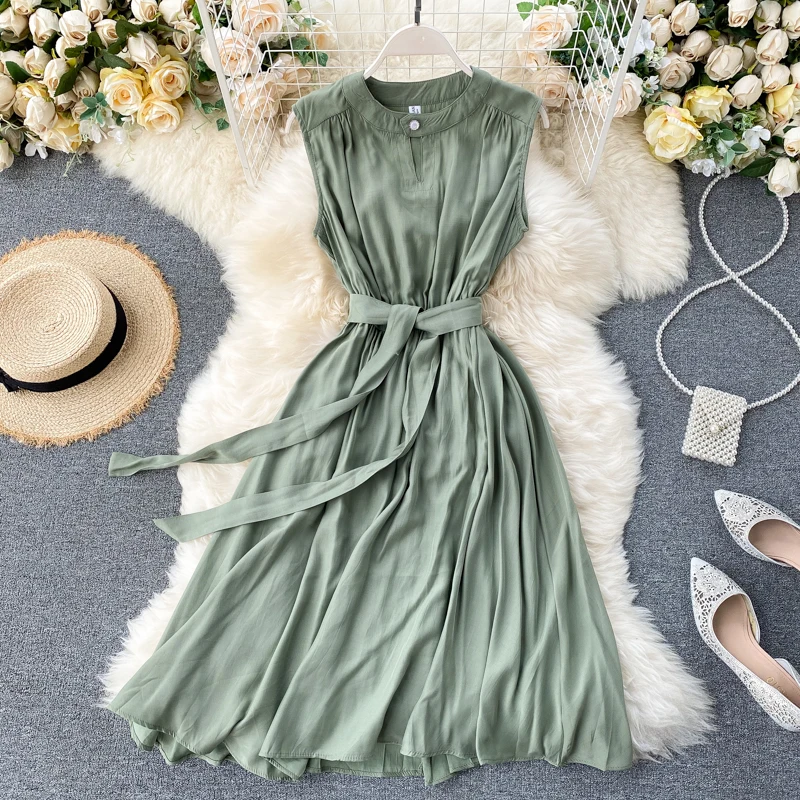 

Elegant Dress 2020 New Summer Hollow-out Elegant O Neck Commuter Women Sleeveless Vest Dress Women Office Lady A-Line Midi dress