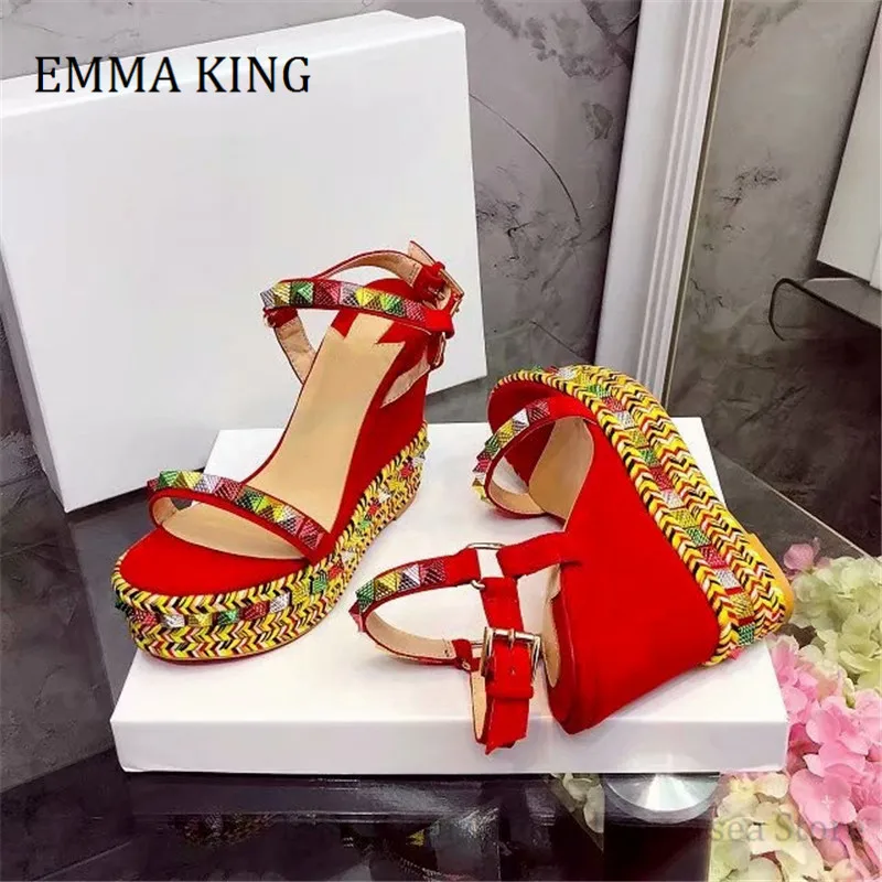 

2021 Summer Women Platforms Sandals Mixed Color Pyramid Studs Wedges Shoes Sexy High Heels Party Wedding Dress Sandalias Mujer