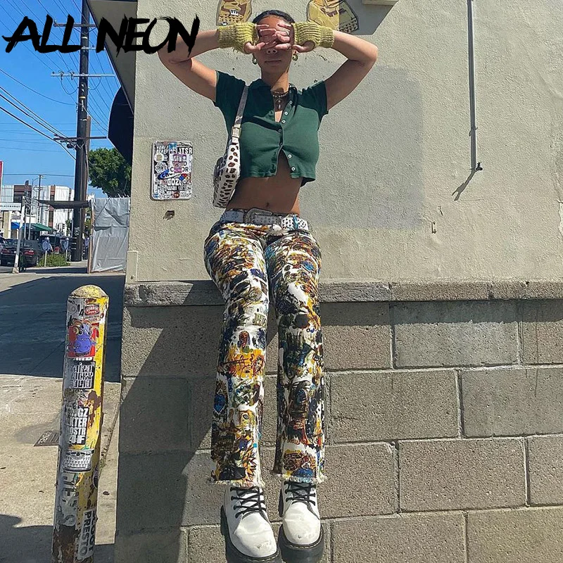 

ALLNeon Indie Aesthetics Low Waist Graphic Print Long Pants Y2K Grunge Punk Full Length Straight Trousers Streetwear Harajuku
