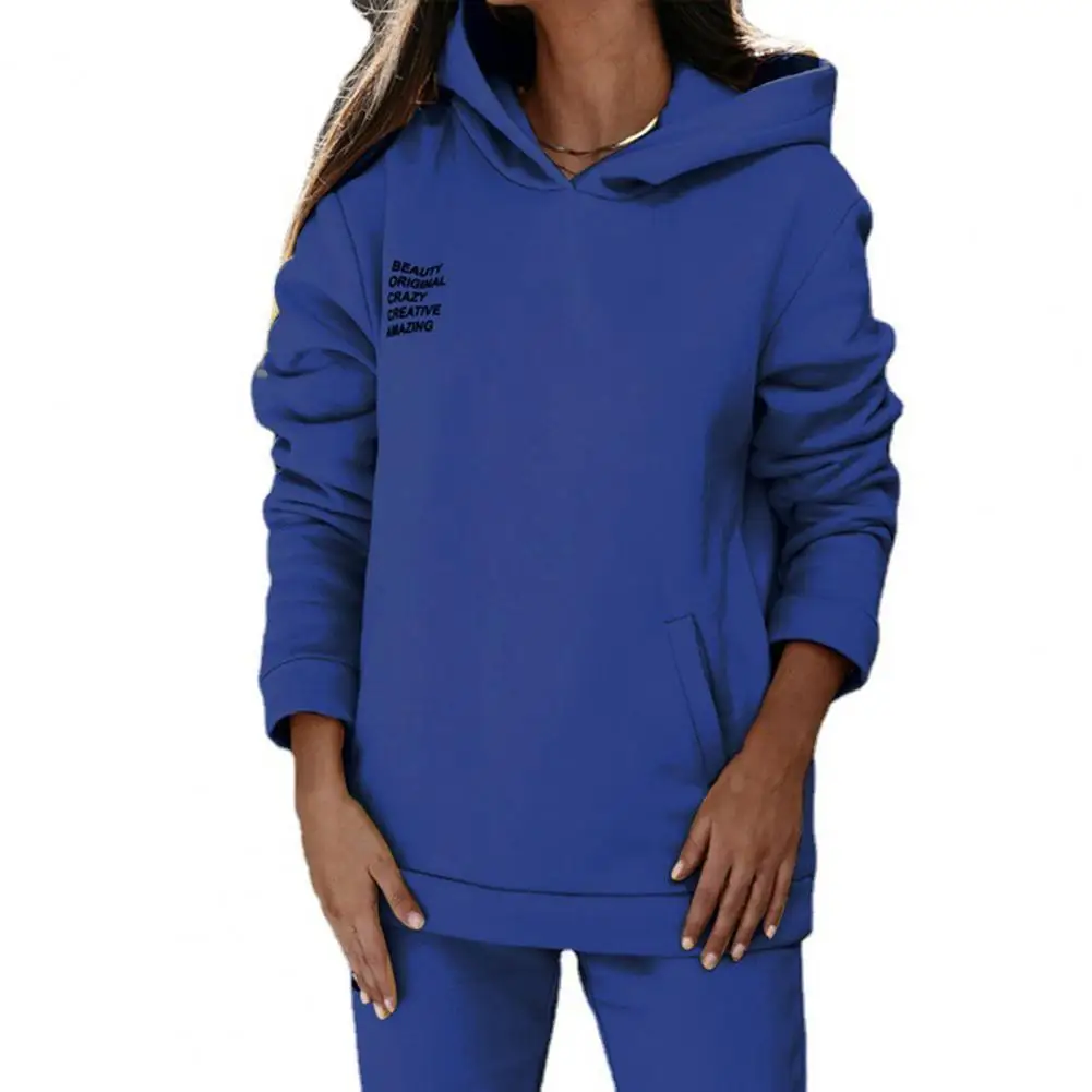 

Women Tracksuits Long Sleeve Front Pocket Casual Outfit Letter Print Solid Color Hooded Sweatshirt Pants Set Streetwear
