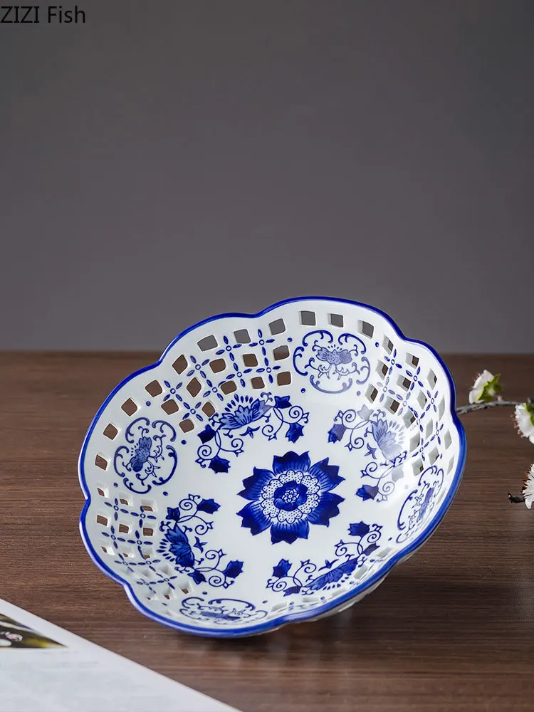 Home Ceramic Bowl Blue and White Porcelain Openwork Plate Tea Table Vegetable Fruit Basket Kitchen Storage Supplies | Дом и сад