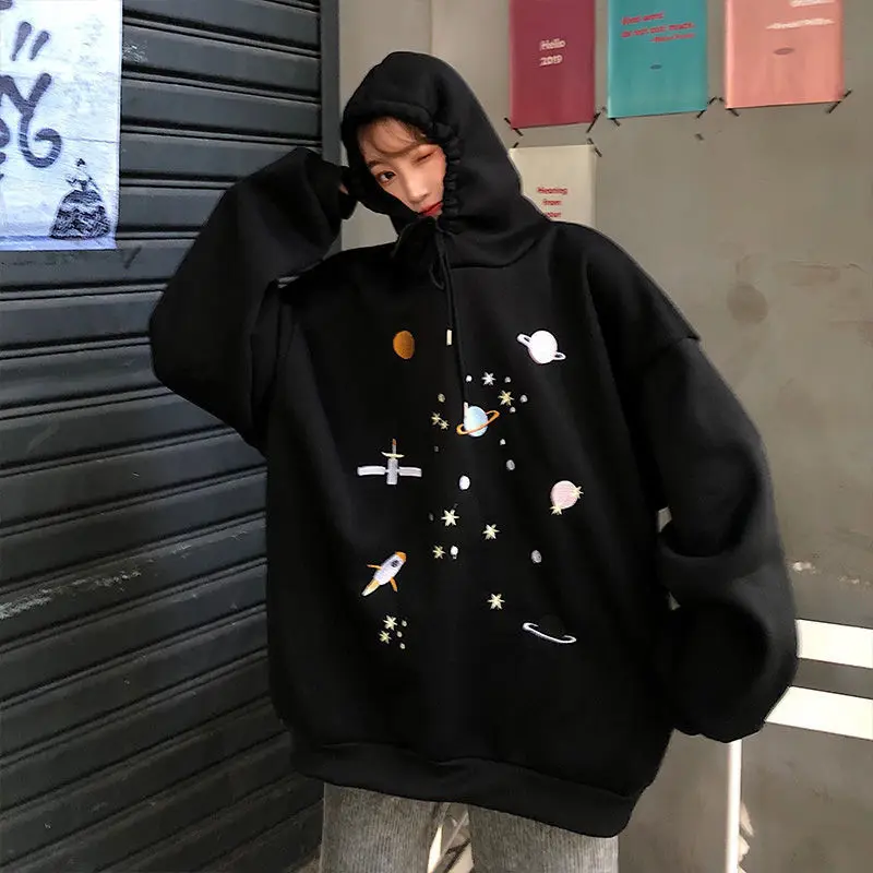 

Women Blue Black Hoodies Sweatshirts Kawaii Embroidery Oversize Large Size 2XL Harajuku Streetwear Unisex Fashion Casual Tops