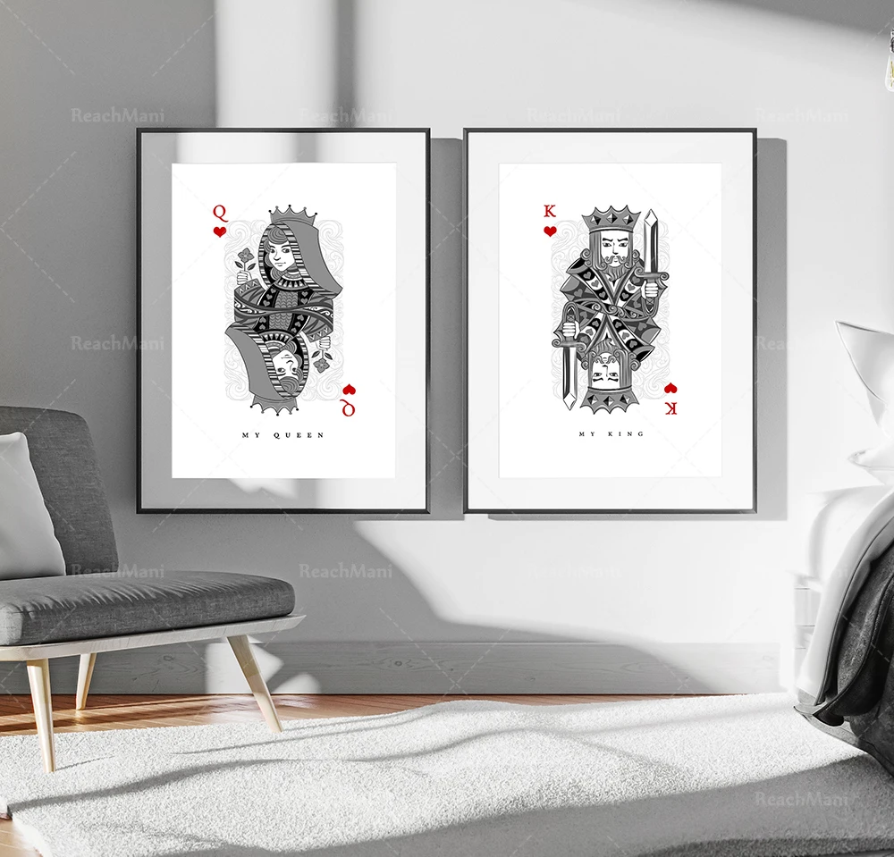 

Playing card printing, couple printing, his and her printing, bedroom printing, a set of 2 printing, queen of hearts, king of he