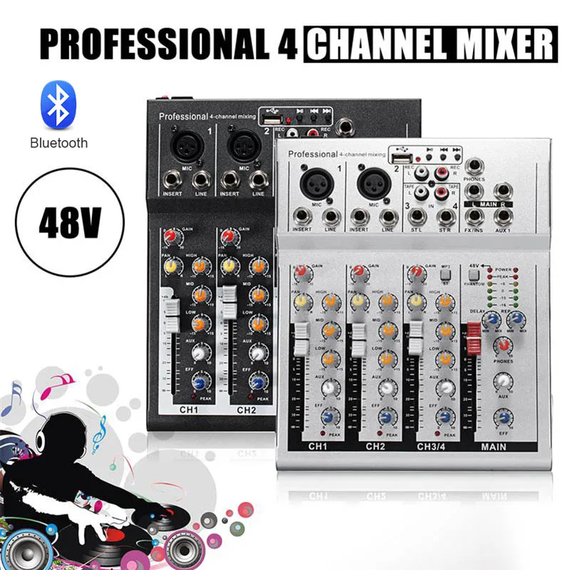 LEORY Профессиональный 4 канала Live DJ аудио микшер bluetooth звук микшерный пульт с USB MP3 Разъем для караоке KTV музыкальное шоу