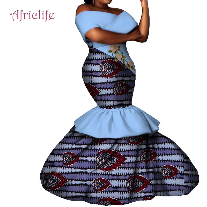 African Dresses for Women  Floor Length Slim Prom Dress One Shoulder Print Dresses WY8497