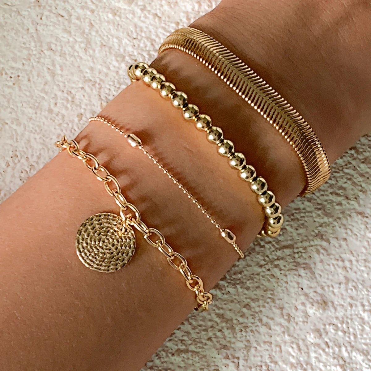 

IngeSight.Z 4Pcs/Set Kpop Chunky Thick Chain Bracelets Bangles Multi Layered Carved Coin Pendant Women Beads Bracelet Jewelry