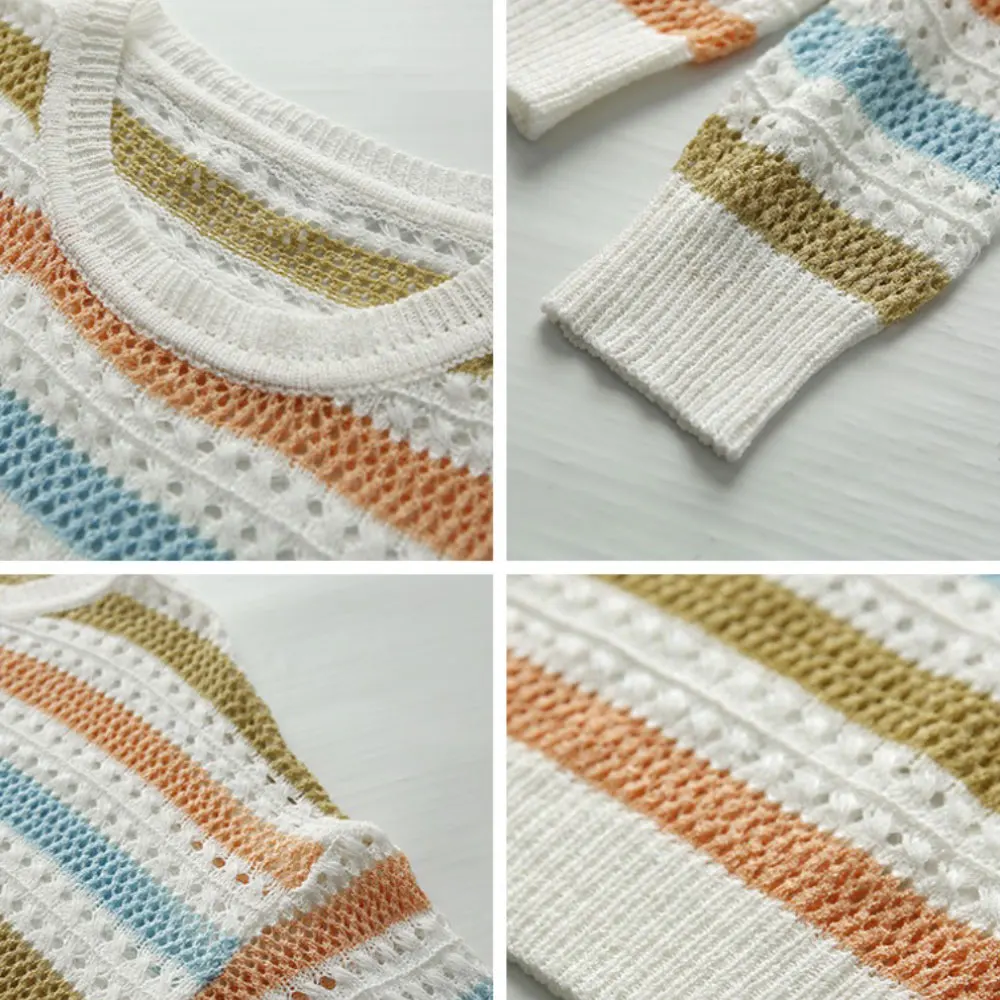 

ZOTTSOZ Knitwear Hollow Sweater Fashion Women Harajuku Korean Knitted Color Striped Loose Casual Pullover Jumper Tops Streetwear