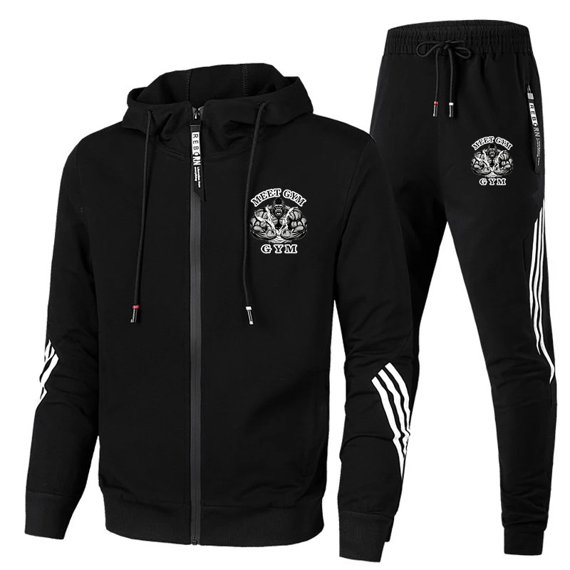 

New 2021 men's casual sports suit printed hoodie suit fleece zipper sweatshirt sweatpants men's sportswear