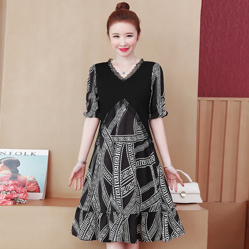 

Houthion Bohemian Women's Dresses Plus Size Chiffon Midi Dress Short Sleeve Loose New Fashion Casual Summer V-Neck Knee-Length