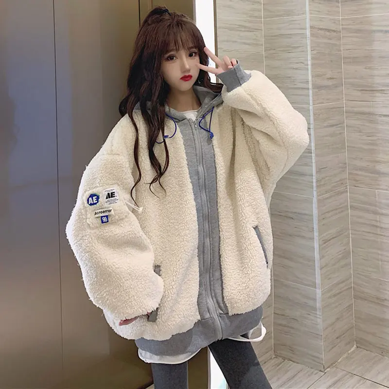 

All-match thick coat women spring and winter 2021 new Korean version lamb plush fake two-piece stitching loose hooded parkas
