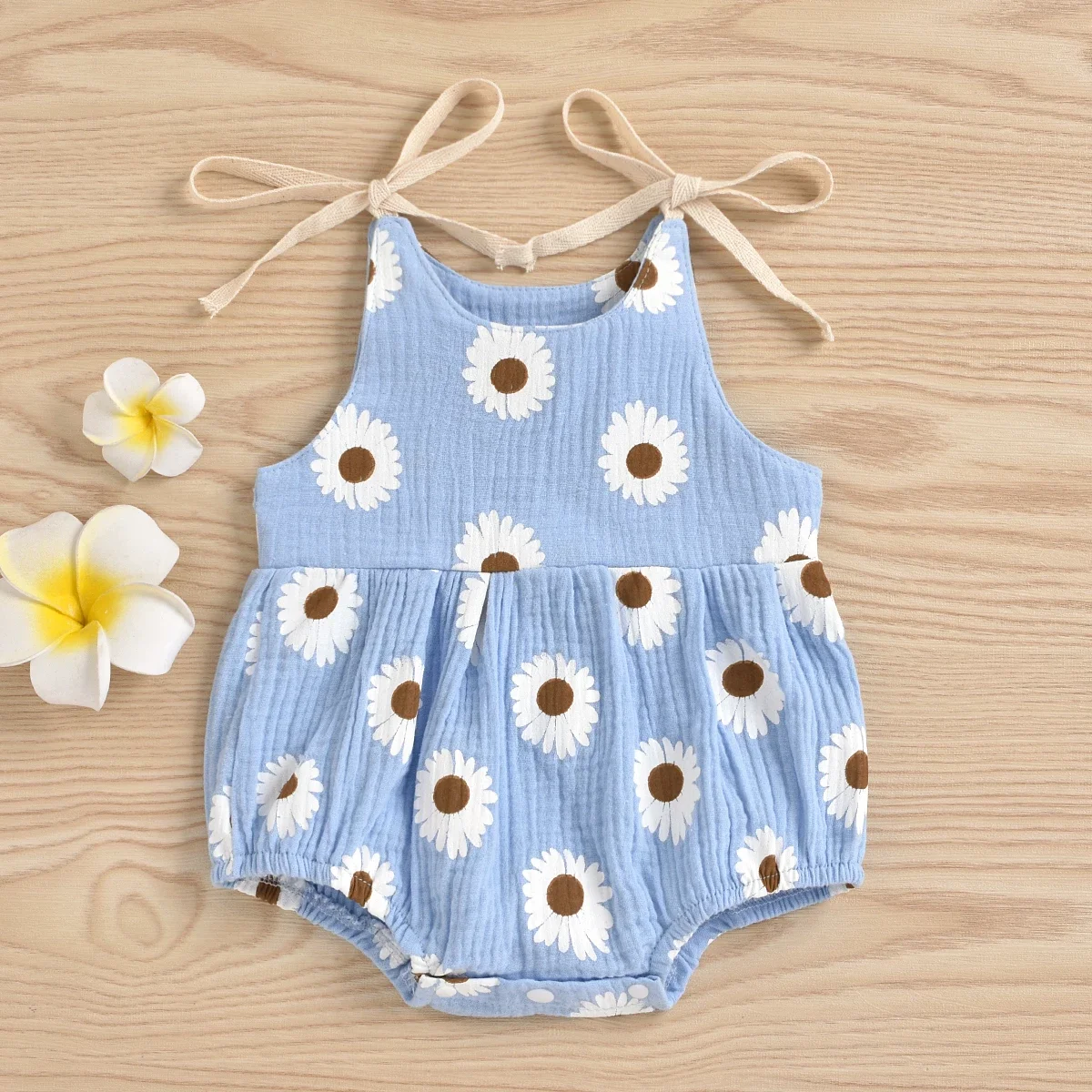 

Newborn Baby Girl Clothes Summer Rompers, Daisy Printing Tied Straps O-Neck Sleeveless Jumpsuit Sunsuit 0-24 Months