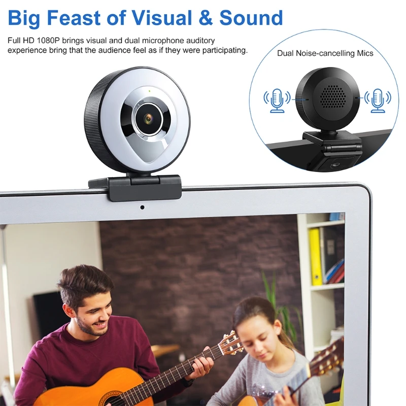 

X7AA Web Camera Auto Focus Ring Beautify Fill-In Lighting Video Webcam 1080P Live Broadcast Mic USB 3 Grades Touch Brightness