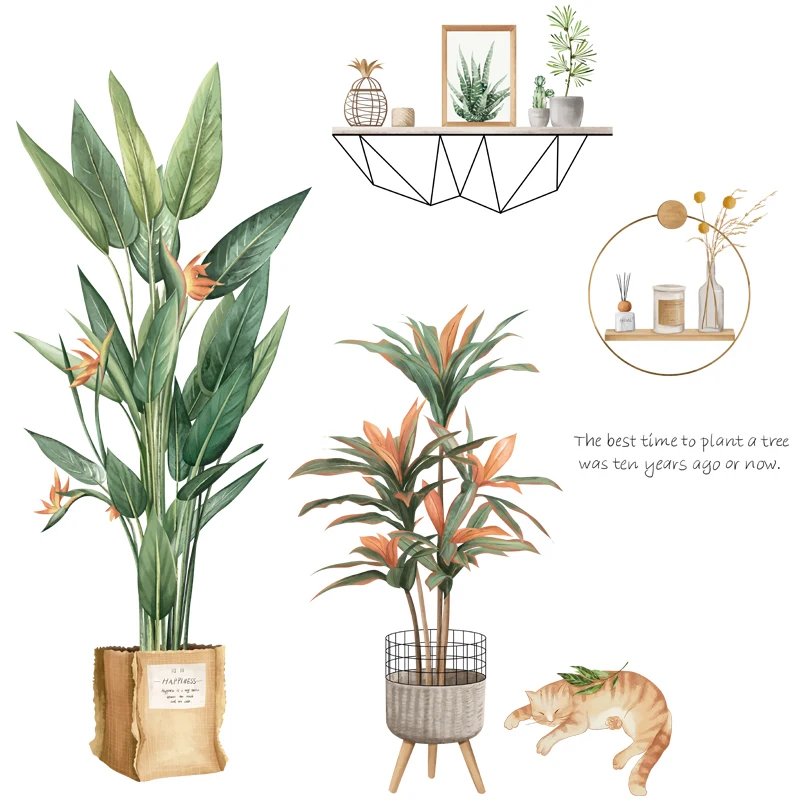 

Plant Bonsai Wall Stickers for Living Room Potted Cat Home Decor Aesthetic Kitchen PVC Wall Decals Mural Decoration