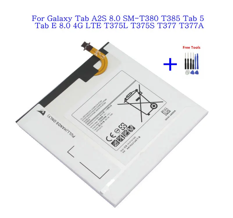 1x5000 мА/ч, EB-BT367ABE Замена Батарея для Galaxy Tab A2S 8,0 SM-T380 T385 Tab 5 Tab E 8,0 4 аппарат не привязан к оператору сотовой связи T375L T375S T377 T377A