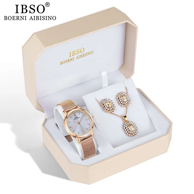 

IBSO Brand Quartz Wristwatches Necklace Earring Combination Set Women Watch Female Jewelry Metal Strap Watches for Ladies Gift