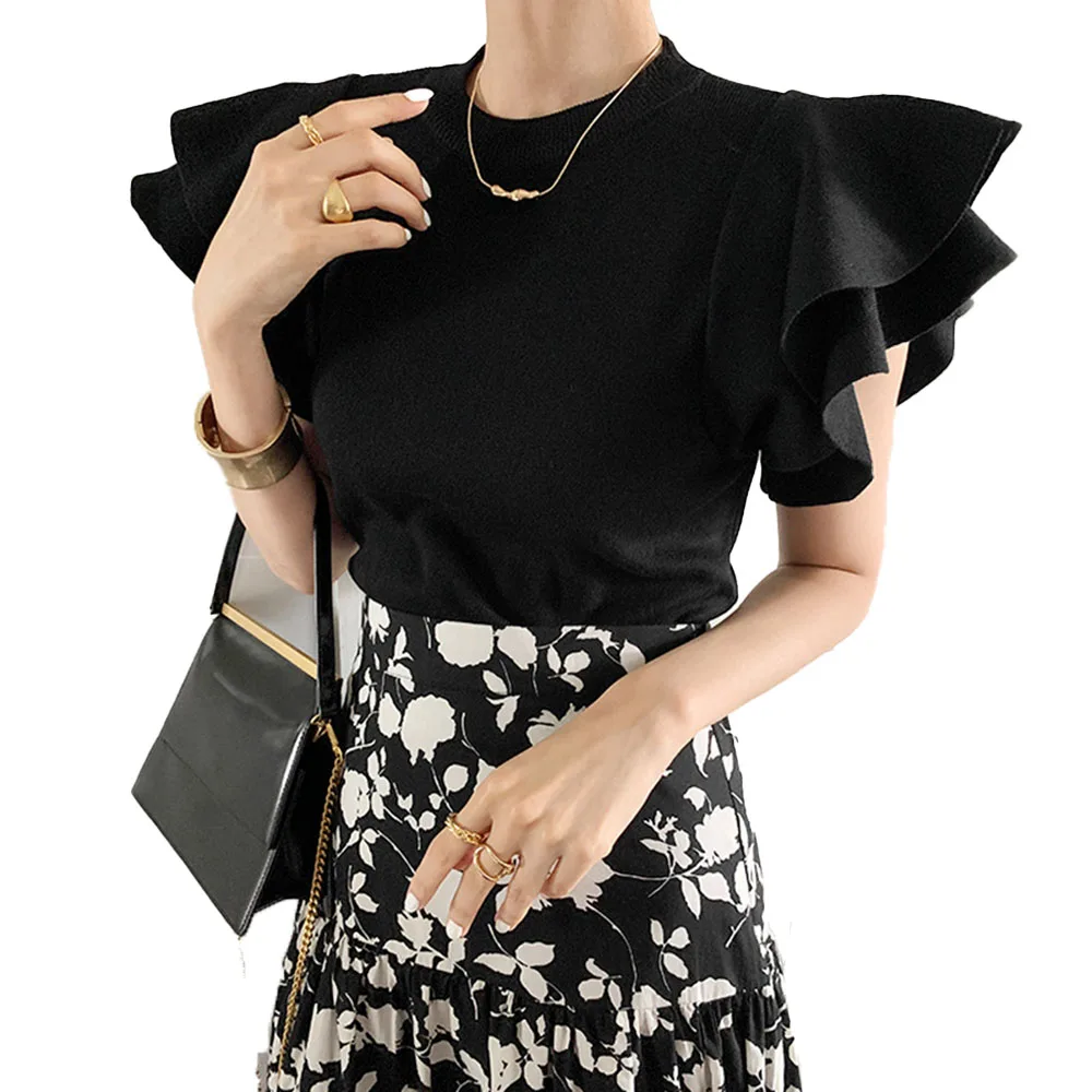 

Korean Fashion Temperament Round Neck Ruffle Flying Sleeves Sweater Solid Color Simplicity Elegant 2021 Summer New Women's