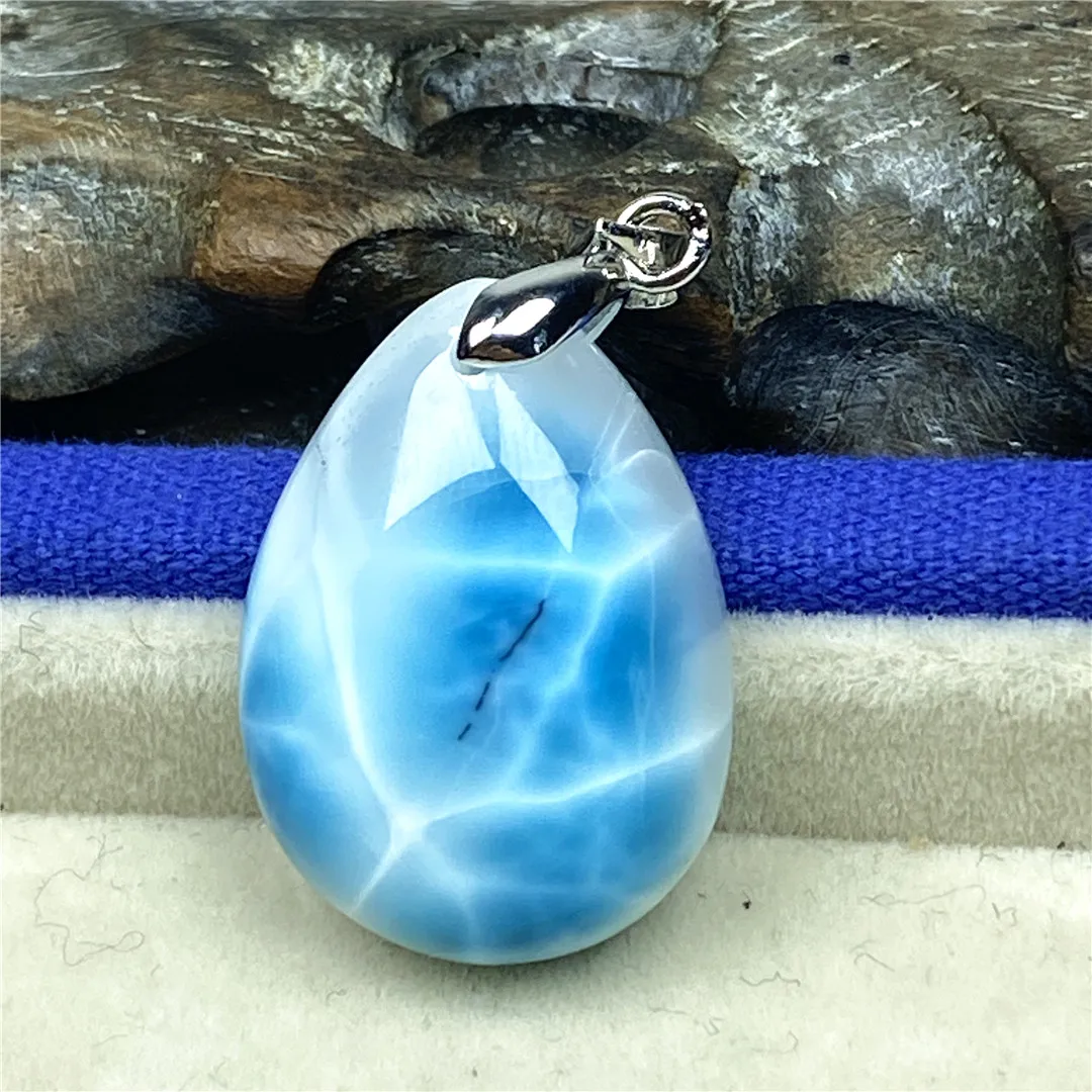 

Natural Blue Larimar Stone Pendant Jewelry For Women Man Dominica Crystal Love Gift 24x18x9mm Beads Silver Water Pattern Stone