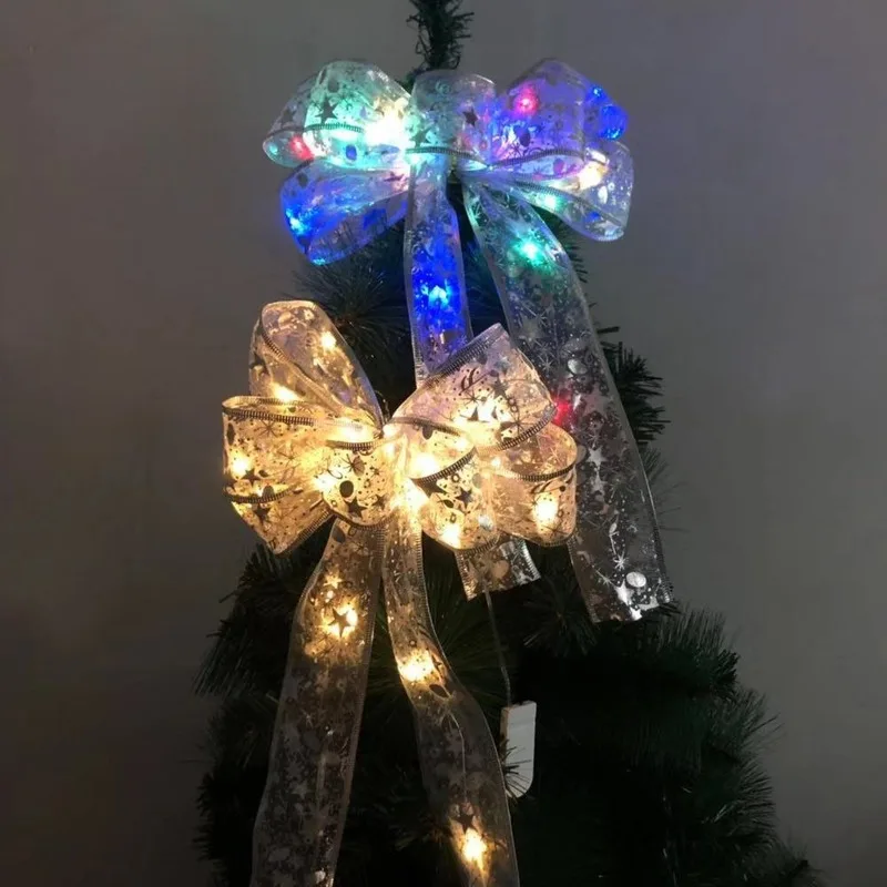 

2020X New Christmas Silver Ribbon Printed Bow Christmas Tree Decoration Pendant Christmas Handmade Warm Light Lantern Bow