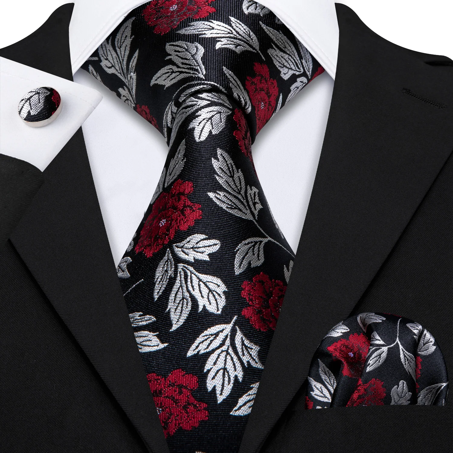 

Fashion Red Floral Tie Black Silk Necktie Set Hanky Cufflinks Jacquard Tie For Men Accessory Wedding Party Gift Barry . Wang