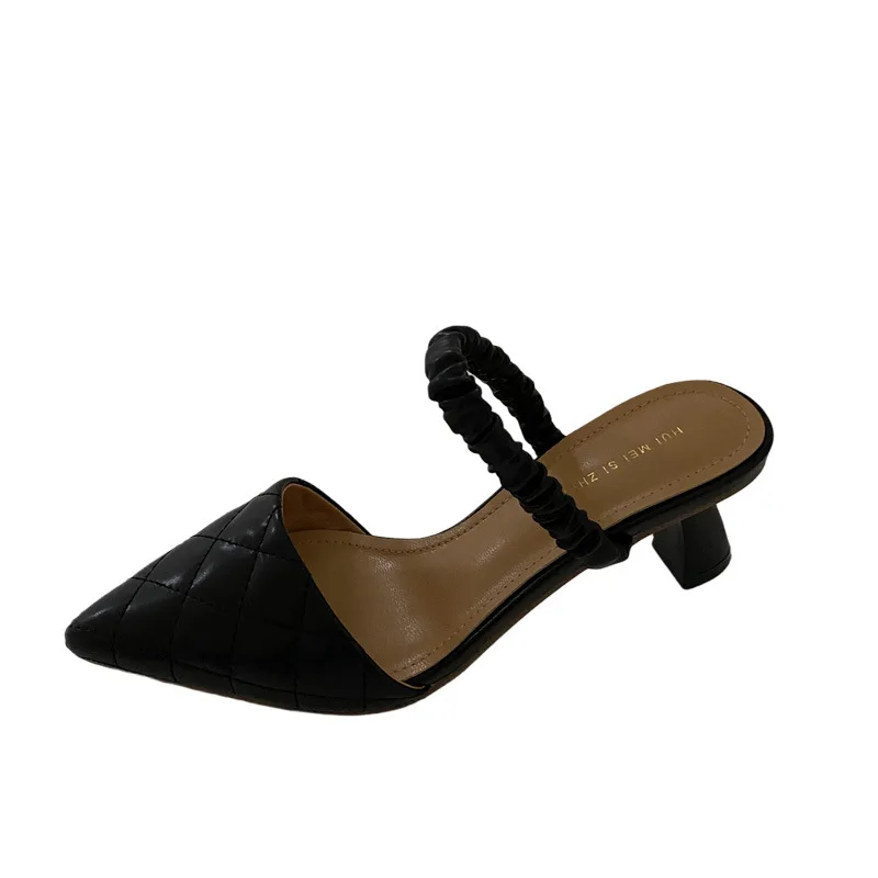 

Shoes Pointed Toe Low Mules For Women 2021 Slippers Heels Slides Pantofle Fashion Med Cover High New Luxury Basic Rome Rubber Re
