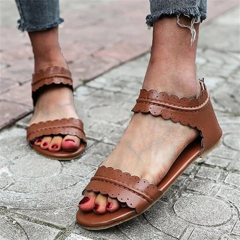

Summer New Fish Mouth Flower Side Female Sandalias Vintage Low Heel Classic Temperament Leather Handmade Sandal Zapatos Mujer