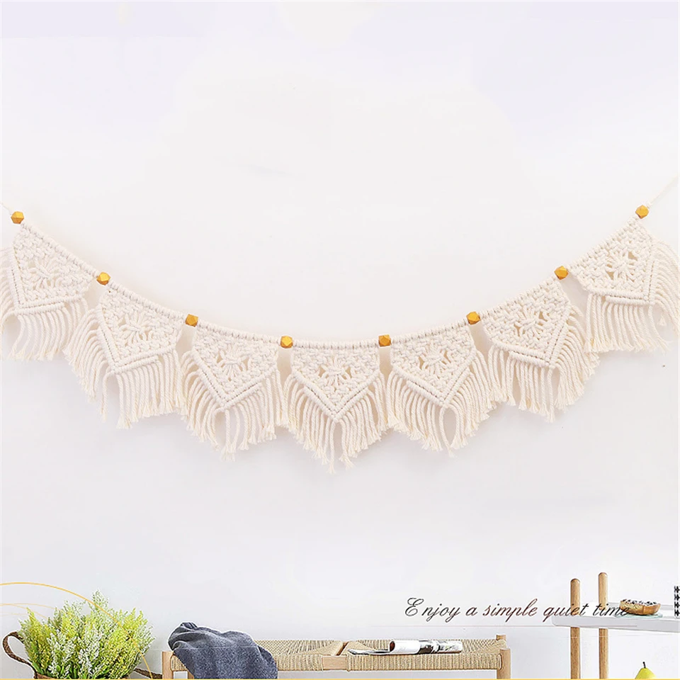 Настенный Гобелен макраме 7 баннеров в богемном стиле желтые бусины с кисточками